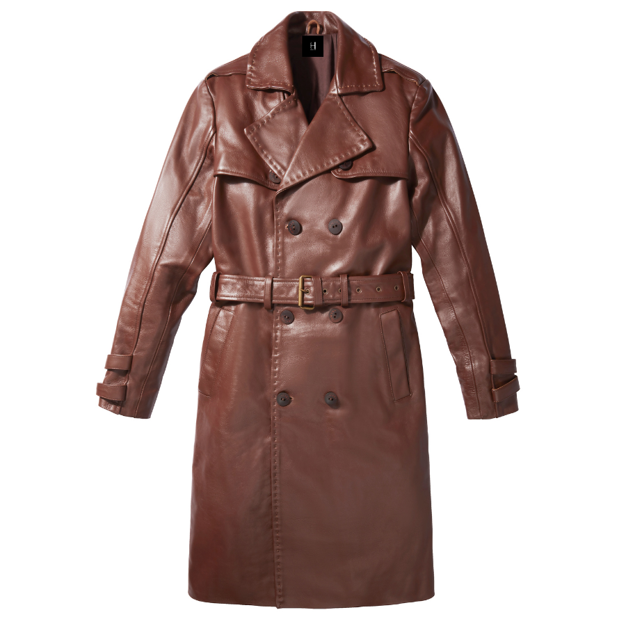 Brown Leather Belted Trench Coat